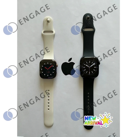 Two apple watch models with white and black silicone bands shown in a watermark gif test product image