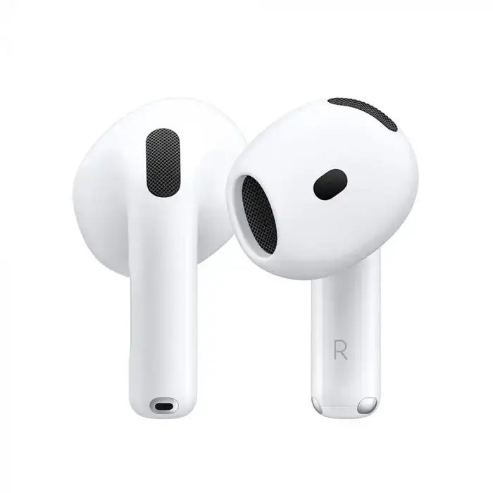White apple airpods (3rd generation) with black mesh speaker grilles and a sleek, minimalist design.