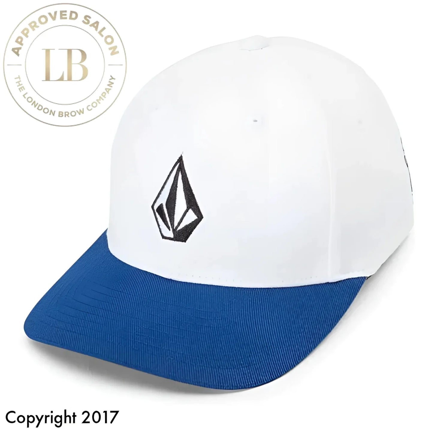 White Diamond Hat featuring a blue and white cap with a black bow tie logo