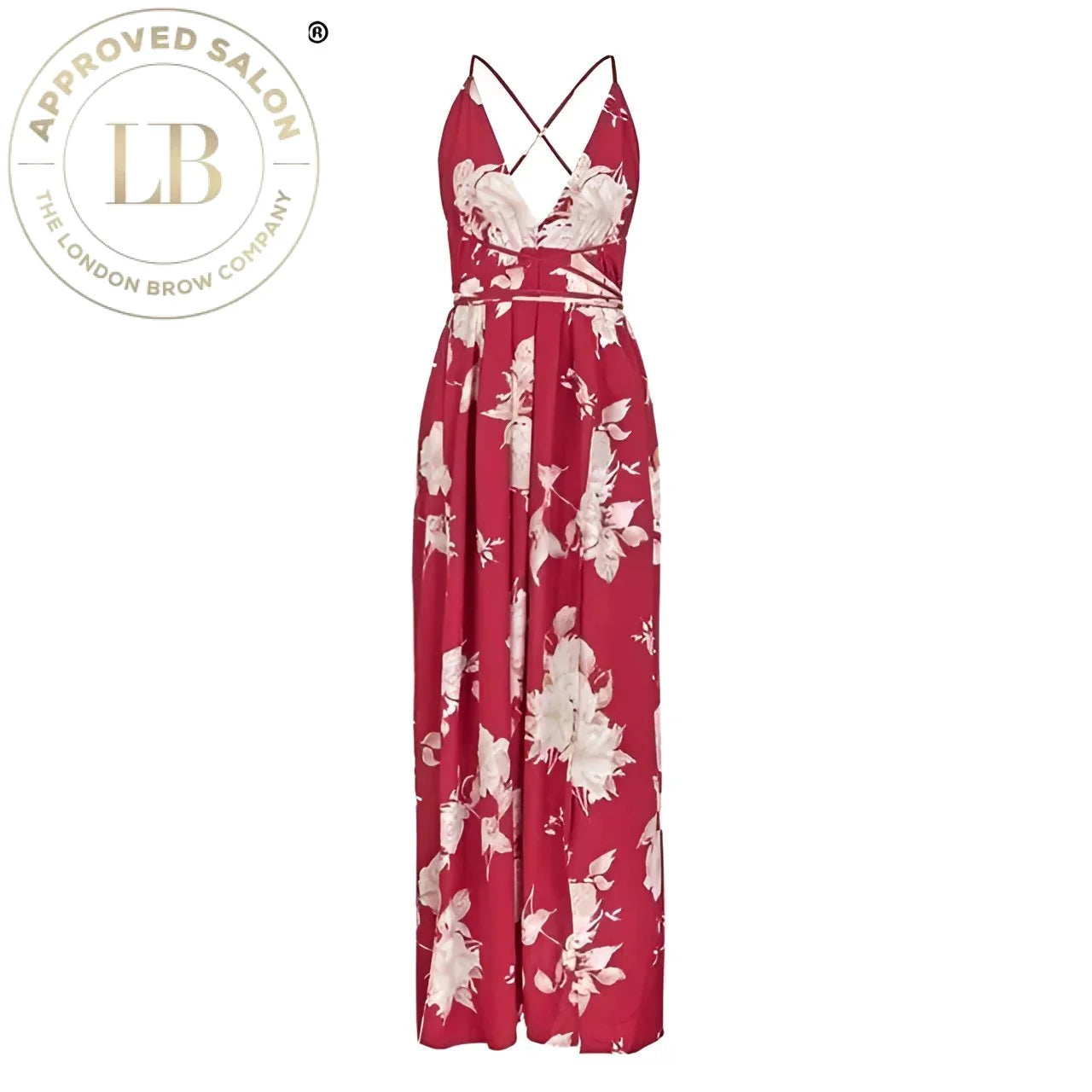 Red floral jumpsuit with criss-cross straps and wide-leg pants paired with a White Diamond Hat
