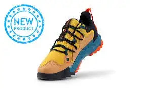 Yellow and blue trail running shoe with black accents, featuring a rugged sole and breathable mesh upper.